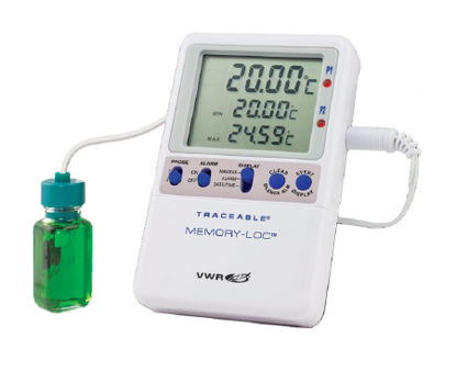 Picture of Refrigerator / Freezer Temperature Data Logger with Alarm VWR® Traceable® Memory-Loc™ Fahrenheit / Celsius -58° to +158°F (-50° to +70°C) Glycol Bottle Probe Multiple Mounting Options Battery Operated10048-648