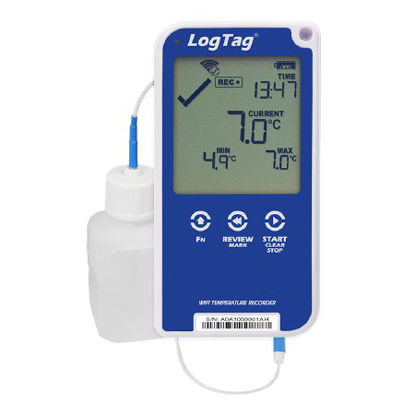 Picture of Refrigerator / Freezer Temperature Data Logger with Alarm LogTag® Fahrenheit / Celsius -40° to +210°F (-40° to 99°C) Glycol Bottle Probe Wall Mount AC Adaptor / USB / Battery BackupLTUTRED30WIFI