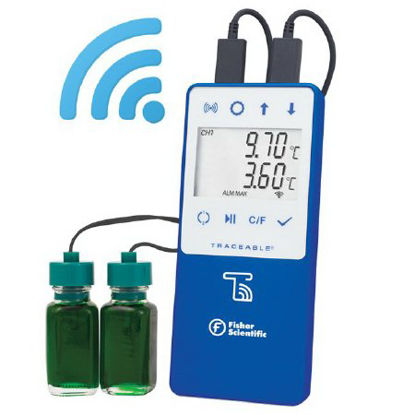 Picture of Refrigerator / Freezer Temperature Data Logger with Alarm Fisherbrand™ TraceableLIVE® Celsius -50° to +60°C 2 Bottle Probes Desk / Wall / Door Mount Battery Operated15079615