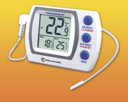 Picture of Digital Thermometer with Alarm Traceable® Memory Monitoring Plus™ Fahrenheit / Celsius -58° to +158°F (-50° to +70°C) External Probe Door / Wall Mount Battery Operated06664269