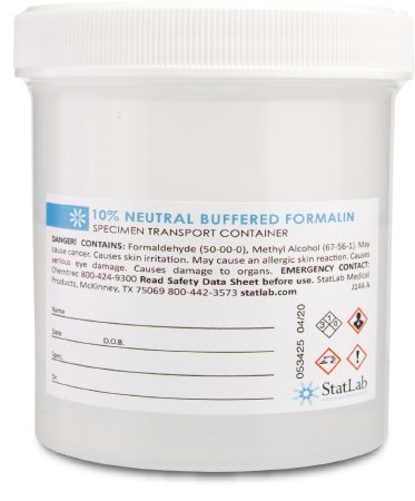 Picture of Prefilled Formalin Container Polypropylene 250 mL Fill in 500 mL (16.9 oz.) Screw Cap Warning Label / Patient Information NonSterileNB16240