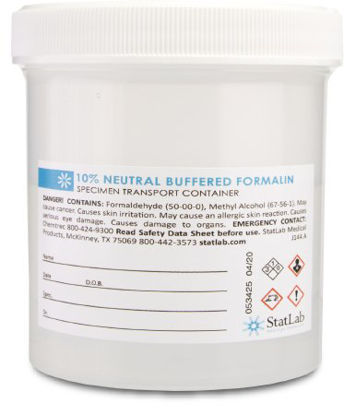 Picture of Prefilled Formalin Container Polypropylene 250 mL Fill in 500 mL (16.9 oz.) Screw Cap Warning Label / Patient Information NonSterileNB16240