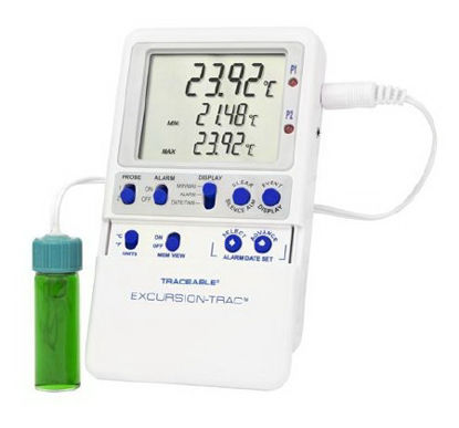 Picture of Datalogging Refrigerator / Freezer Thermometer with Alarm Traceable® Excursion-Trac™ Fahrenheit / Celsius -58° to +158°F (-50° to +70°C) Bottle Probe Multiple Mounting Options Battery Operated98767-63