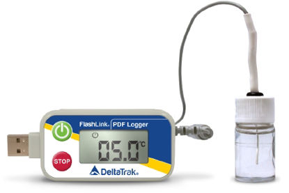 Picture of Vaccine Temperature Data Logger with Alarm Flashlink® PDF Logger Fahrenheit -58° to +104°F (-50° to +40°C) Glycol Bottle Probe Magnet Battery Operated40527-02