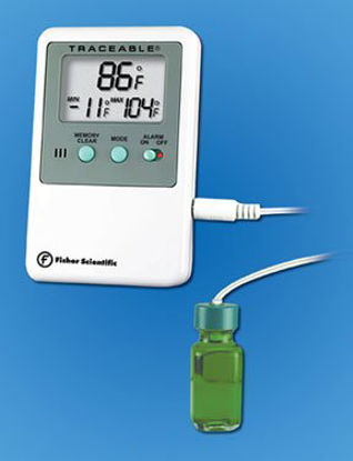 Picture of Digital Refrigerator / Freezer Thermometer with Alarm Fisherbrand™ Traceable® Fahrenheit / Celsius -58° to +158°F (-50° to +70°C) Bottle Probe Door / Wall Mount Battery OperatedS66278