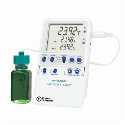 Picture of Datalogging Refrigerator / Freezer Thermometer with Alarm Fisherbrand™ Traceable® Memory-Loc™ Fahrenheit / Celsius -58° to +158°F (-50° to +70°C) Bottle Probe Multiple Mounting Options Battery Operated15081130