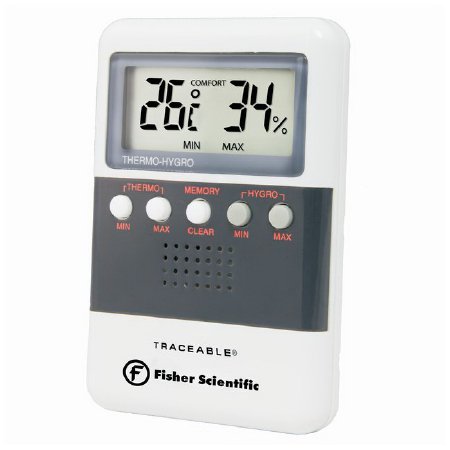 Picture of Digital Thermometer / Hygrometer Fisherbrand™ Traceable® Fahrenheit / Celsius 32° to 112° (0° to 50°C) Solid State Sensors Flip-out Stand / Wall Mount Battery OperatedS407994