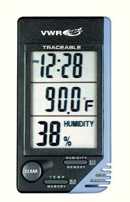 Picture of Thermometer / Clock / Humidity Monitor VWR® Traceable® Fahrenheit / Celsius 0° to 50°C Internal Sensor Flip-out Stand / Wall Mount Battery Operated62344-734