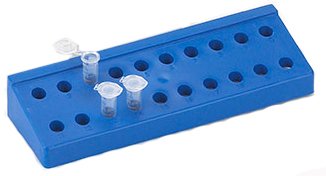 Picture of Microcentrifuge Microcentrifuge Tube Rack Globe® Scientific 20 Place 1.5 to 2.0 mL Tube Size Blue 1 X 4-1/2 X 8-2/5 Inch456320B