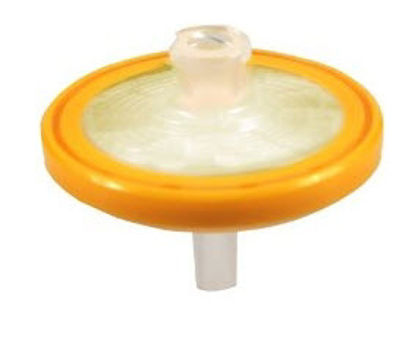 Picture of Syringe Filter 33 mm dia., <200 mL, Yellow, 0.1 µm Pore Size, 145 psi Pressure Rating, Female Luer Lok Inlet Style, Male Luer Slip Outlet Style, <100 µL Hold up Volume, 45°C Temperature, Modified Acrylic Tip, SterileSLVVM33RS