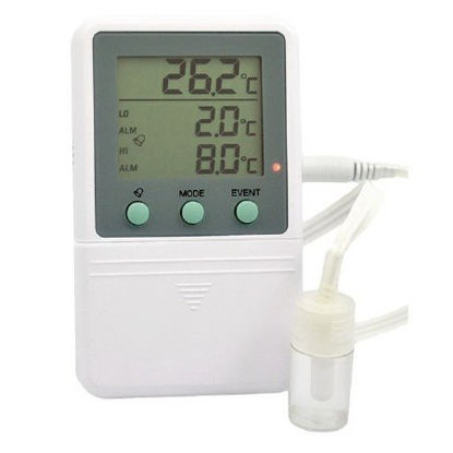 Picture of Digital Refrigerator / Freezer Thermometer with Alarm Thermco® Fahrenheit / Celsius -58° to +158°F (-50° to +70°C) Vaccine Bottle Probe Flip-out Stand / Wall Mount Battery OperatedNC0601236