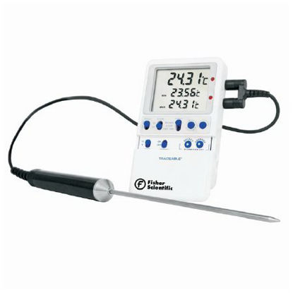 Picture of Digital Refrigerator / Freezer Thermometer with Alarm Fisherbrand™ Traceable® Platinum High-Accuracy Fahrenheit / Celsius -148° to +199.9°F (-100° to +199.9°C) Stainless Steel Probe / Platinum Sensor Multiple Mounting Options Battery Operated15-081-108