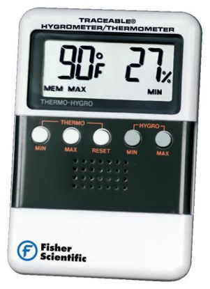 Picture of Digital Thermometer / Hygrometer Fisherbrand™ Traceable® Fahrenheit / Celsius 32° to 122°F (0° to 52°C) Solid State Sensor Wall Mount Battery Operated1166112