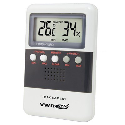 Picture of Digital Thermometer / Hygrometer VWR® Fahrenheit / Celsius 32° to 122°F (0° to 50°C) Solid State Sensor Flip-out Stand / Wall Mount Battery Operated35519-047