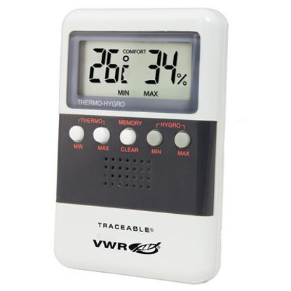 Picture of Digital Thermometer / Hygrometer VWR® Fahrenheit / Celsius 32° to 122°F (0° to 50°C) Solid State Sensor Flip-out Stand / Wall Mount Battery Operated35519-047