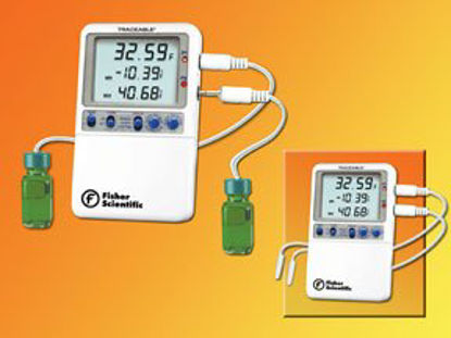 Picture of Digital Refrigerator Thermometer with Alarm Fisher Scientific™ Traceable® Hi-Accuracy Fahrenheit / Celsius -58° to +158°F (-50° to +70°C) 2 Bottle Probes Desk / Wall Mount Battery OperatedS98174
