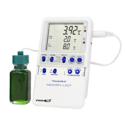 Picture of Refrigerator / Freezer Temperature Data Logger with Alarm VWR® Traceable® Memory-Loc™ Fahrenheit / Celsius -58° to +158°F (-50° to +70°C) 2 Glycol Bottle Probes Multiple Mounting Options Battery Operated10048-650
