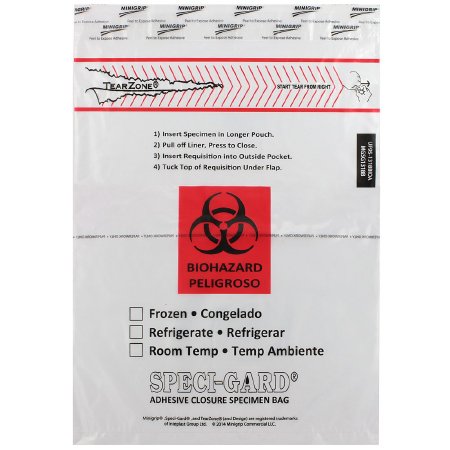 Picture of Specimen Transport Bag with Document Pouch Speci-Gard® 13 X 18 Inch Polyethylene Adhesive Closure Biohazard Symbol / Storage Instructions / Instructions for Use NonSterileUF95-1318BIOA