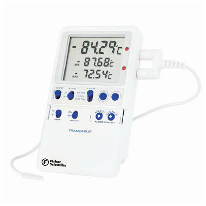 Picture of Digital Refrigerator / Freezer Thermometer with Alarm Fisherbrand™ Traceable® Platinum High-Accuracy Fahrenheit / Celsius -148° to +158°F (-100° to +70°C) Stainless Steel Probe / Platinum Sensor Multiple Mounting Options Battery Operated15081109