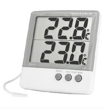 Picture of Digital Thermometer with Alarm Traceable® Fahrenheit / Celsius -58° to +158°F (-50° to +70°C) Internal Sensor / External Probe Multiple Mounting Options Battery Operated90000-75