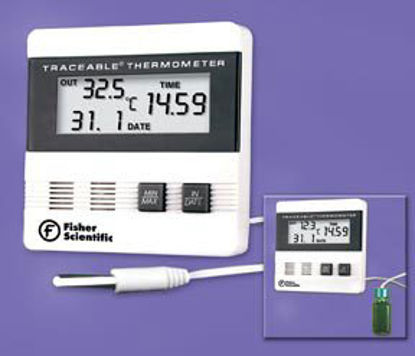 Picture of Digital Refrigerator / Freezer Thermometer Fisher Scientific™ Traceable® Fahrenheit / Celsius -40° to +176°F (-40° to +80°C) Stainless Steel Probe Door / Wall Mount Battery Operated15077976