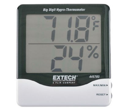 Picture of Digital Thermometer / Hygrometer Extech® Big Digit Fahrenheit / Celsius 14° to 140°F (-10° to +60°C) Without External Probe Desk / Wall Mount Battery Operated4PC65