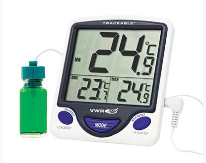Picture of Digital Refrigerator / Freezer Thermometer with Alarm VWR® Traceable® Fahrenheit / Celsius -58° to +158°F (-50° to +70°C) Vaccine Bottle Probe Multiple Mounting Options Battery Operated89094-772