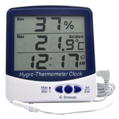 Picture of Digital Thermometer / Hygrometer with Alarm Fahrenheit / Celsius -58° to +158°F (-50° to +70°C) External Probe Internal Sensor / Extrernal Probe Flip-out Stand / Wall Mount Battery OperatedACC9216DIG
