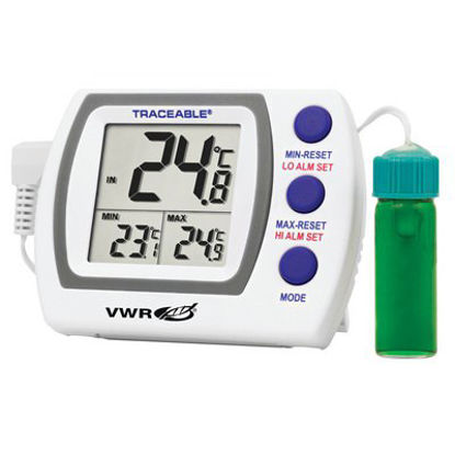 Picture of Digital Refrigerator / Freezer Thermometer with Alarm VWR® Traceable® Vaccine Plus™ Fahrenheit / Celsius -58° to +158°F (-50° to +70°C) Vaccine Bottle Probe Door / Wall Mount Battery Operated89094-780