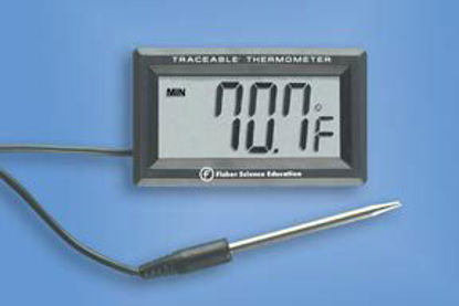 Picture of Digital Laboratory Thermometer Fisher Scientific™ Traceable® Fahrenheit / Celsius -58° to +572°F (-50° to +300°C) Stainless Steel Probe Wall Mount Battery OperatedS90862