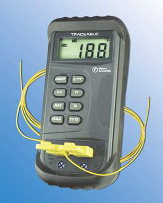 Picture of Digital Laboratory Thermometer Fisher Scientific™ Traceable® Fahrenheit / Celsius -58° to +1999°F (-50° to +1300°C) 2 Type K Beaded Probes Handheld / Desk Mount Battery Operated1507839
