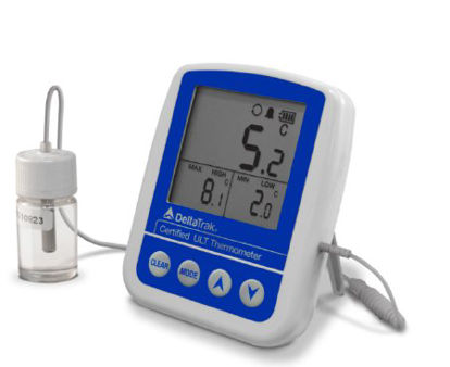 Picture of Digital Refrigerator / Freezer Thermometer with Alarm FlashCheck® Fahrenheit / Celsius -58° to +158°F (-50° to +70°C) Glycol Bottle Probe Multiple Mounting Options Battery Operated12238