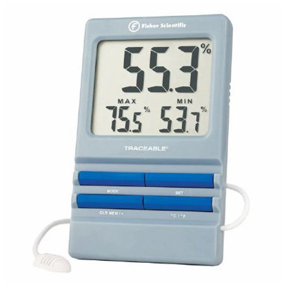 Picture of Digital Thermometer / Hygrometer with Alarm Fisherbrand™ Traceable® Fahrenheit / Celsius 32° to 140°F (0° to 60°C) Internal Sensor / External Probe Flip-out Stand / Wall Mount Battery Operated1464984