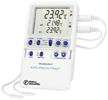 Picture of Datalogging Refrigerator Thermometer with Alarm Fisherbrand™ Traceable® Excursion-Trac™ Fahrenheit / Celsius -58° to +158°F (-50° to +70°C) 2 External Probes Multiple Mounting Options AC Adaptor / Battery Backup15081126