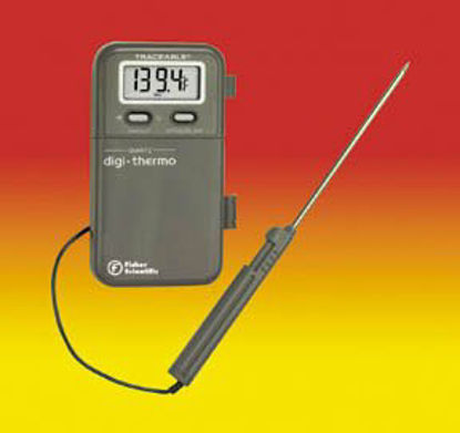 Picture of Digital Laboratory Thermometer with Alarm Fisher Scientific™ Traceable® Fahrenheit / Celsius -58° to +500.8° F (-50° to +260°C) Stainless Steel Probe Handheld / Wall Mount Battery Operated150778B