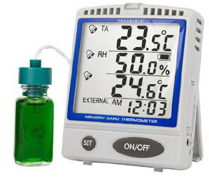 Picture of Refrigerator / Freezer Thermometer with Alarm Traceable® Fahrenheit / Celsius -22° to +158°F (-30° to +70°C) Innternal Sensor / Bottle Probe Multiple Mounting Options Battery Operated37803-84