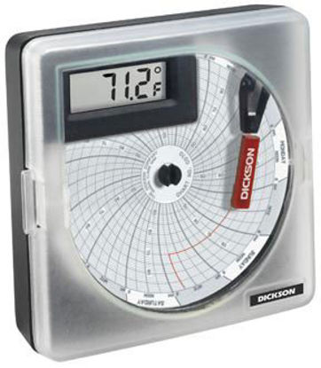Picture of Temperature Chart Recorder Dickson™ ±2% Accuracy, AA Battery Type, 0° to 100°F Temperature Range, 0.1°C Resolution, LCD Display Type, 21 IP Rating, Free standing or wall Mounting, -30° to 50°C Operating Temperature, Precise spiral wound bi metallic strip transducer Sensor, 3 lbs. Weight, 3 Years Battery Life, CH1: Temperature Number of Channels, 24 Hours or 7 Days Rotational Speed, CE Certifications/Compliance15174202