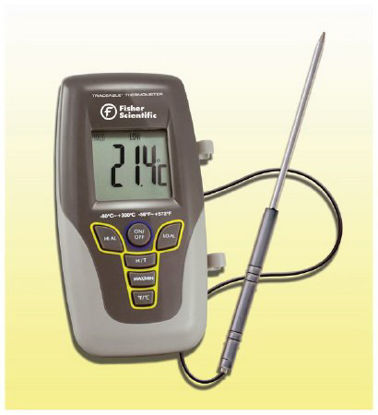 Picture of Digital Thermometer with Alarm Fisherbrand™ Traceable® Kangaroo™ Celsius -50° to 300°C Stainless Steel Probe Flip-out Stand Battery Operated1464979