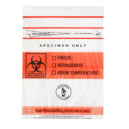Picture of Specimen Transport Bag with Document Pouch Lab Guard® TearZone® 12 X 15 Inch Polyethylene Zip Closure Biohazard Symbol / Storage Instructions NonSterileMGTZ1215
