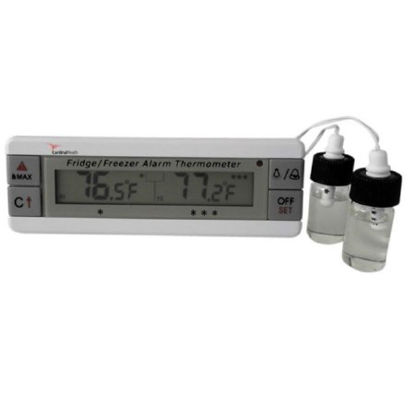 Picture of Digital Refrigerator / Freezer Thermometer with Alarm CardinalHealth™ Fahrenheit / Celsius -40° to +158°F (-40° to +70°C) 2 Bottle Probes Flip-out Stand / Wall Mount Battery OperatedCH2941-5