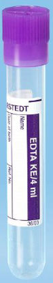 Picture of Venous Blood Collection Tube Round Bottom K3 EDTA Additive 12 X 75 mm 4 mL Violet Pull Cap Polypropylene Tube36.338.100
