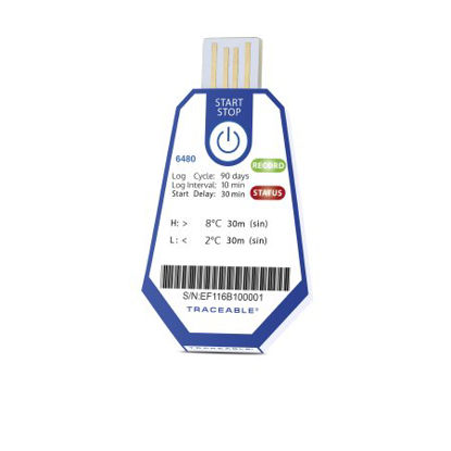 Picture of Single-Use Temperature Data Logger with Alarm TraceableOne™ Single-Use Fahrenheit / Celsius -22° to +158°F (-30° to +70°C) Internal Sensor Adhesive Mount Battery Operated18004-10