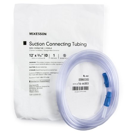 Picture of Suction Connector Tubing McKesson 12 Foot Length 0.188 Inch ID Sterile Female / Male Connector Clear Ribbed OT Surface PVC16-66303