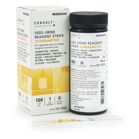 Picture of Urinalysis Test McKesson Consult™ Bilirubin, Blood, Glucose, Ketones, Leukocytes, Nitrite, pH, Protein, Specific Gravity, Urobilinogen 100 per Bottle121-10SG