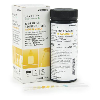 Picture of Urinalysis Test McKesson Consult™ Bilirubin, Blood, Glucose, Ketones, Leukocytes, Nitrite, pH, Protein, Specific Gravity, Urobilinogen 100 per Bottle121-10SG