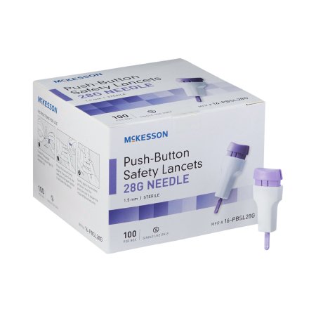 Picture of Lancet McKesson Fixed Depth Lancet Needle 1.5 mm Depth 28 Gauge Push Button Activation16-PBSL28G