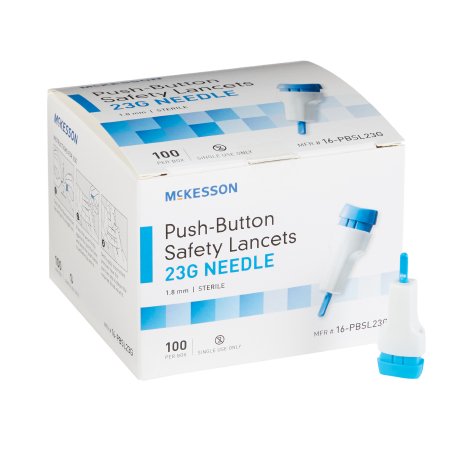 Picture of Lancet McKesson Fixed Depth Lancet Needle 1.8 mm Depth 23 Gauge Push Button Activation16-PBSL23G