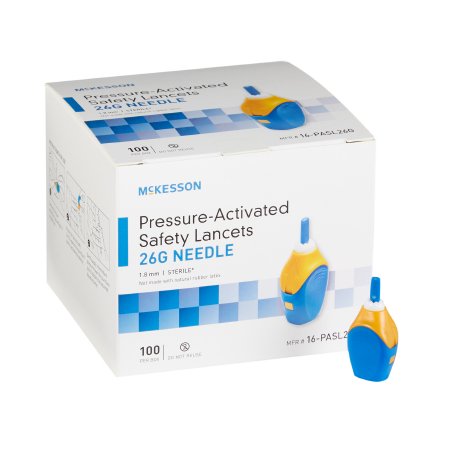 Picture of Lancet McKesson Safety Lancet Needle 1.8 mm Depth 26 Gauge Push Button Activation16-PASL26G