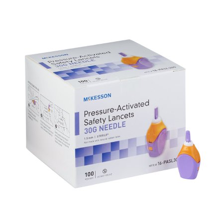 Picture of Lancet McKesson Safety Lancet Needle 1.5 mm Depth 30 Gauge Push Button Activation16-PASL30G