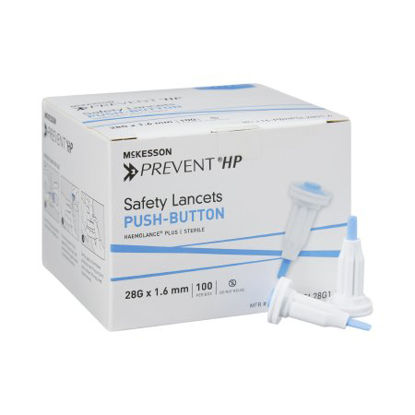 Picture of Lancet McKesson Prevent® Fixed Depth Lancet Needle 1.6 mm Depth 28 Gauge Push Button Activation16-PBHPSL28G1.6